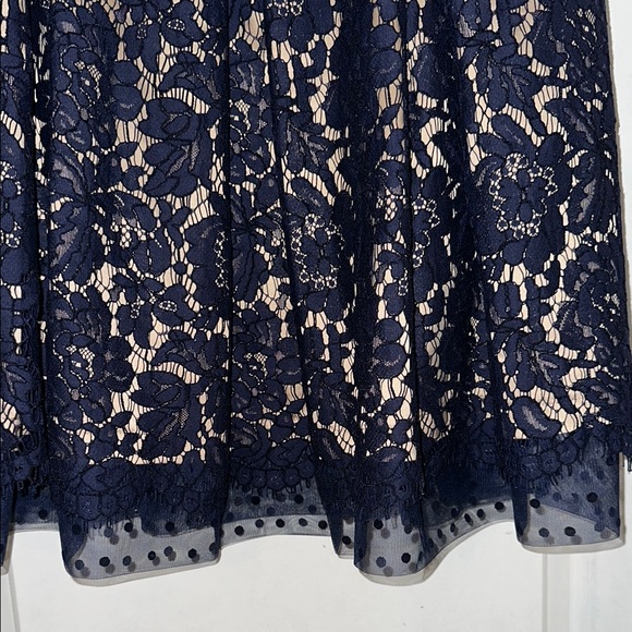 Elegant Navy Lace Dress with Polka Dot Mesh - Picture 5 of 7